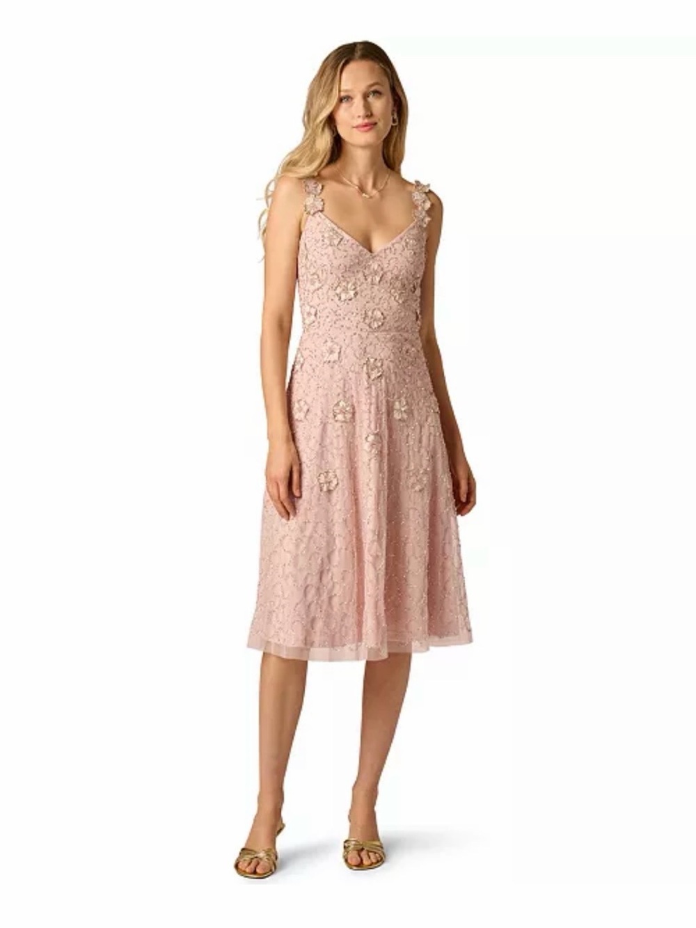 Adrianna Papell Pink Lace Midi Dress with Floral Appliqué